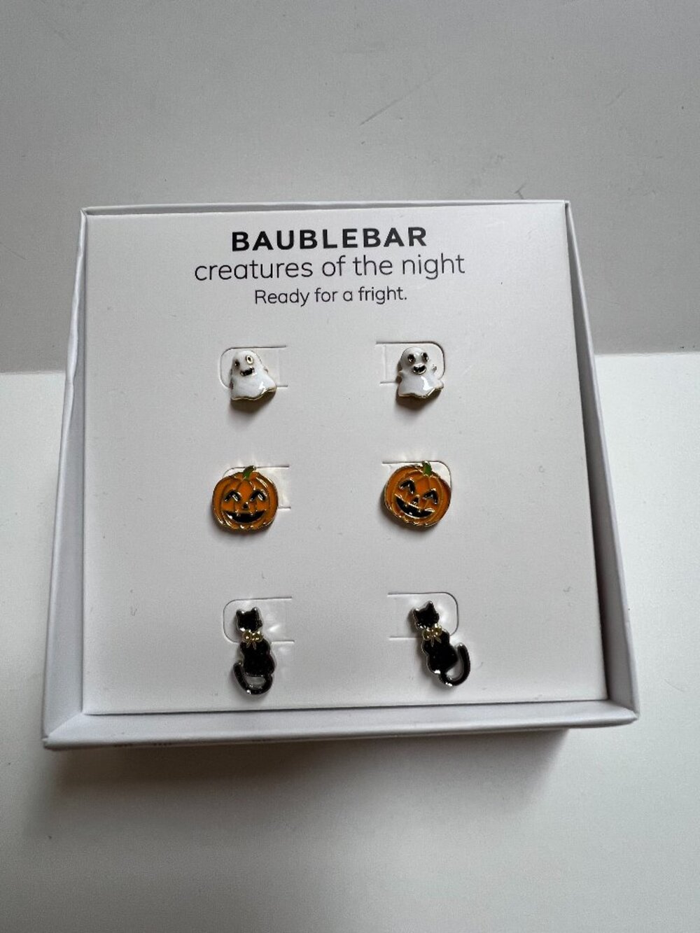 Baublebar Scream Team 3 Pair Stud Earring Set Ghost, Black Cat & Pumpkin NIB
